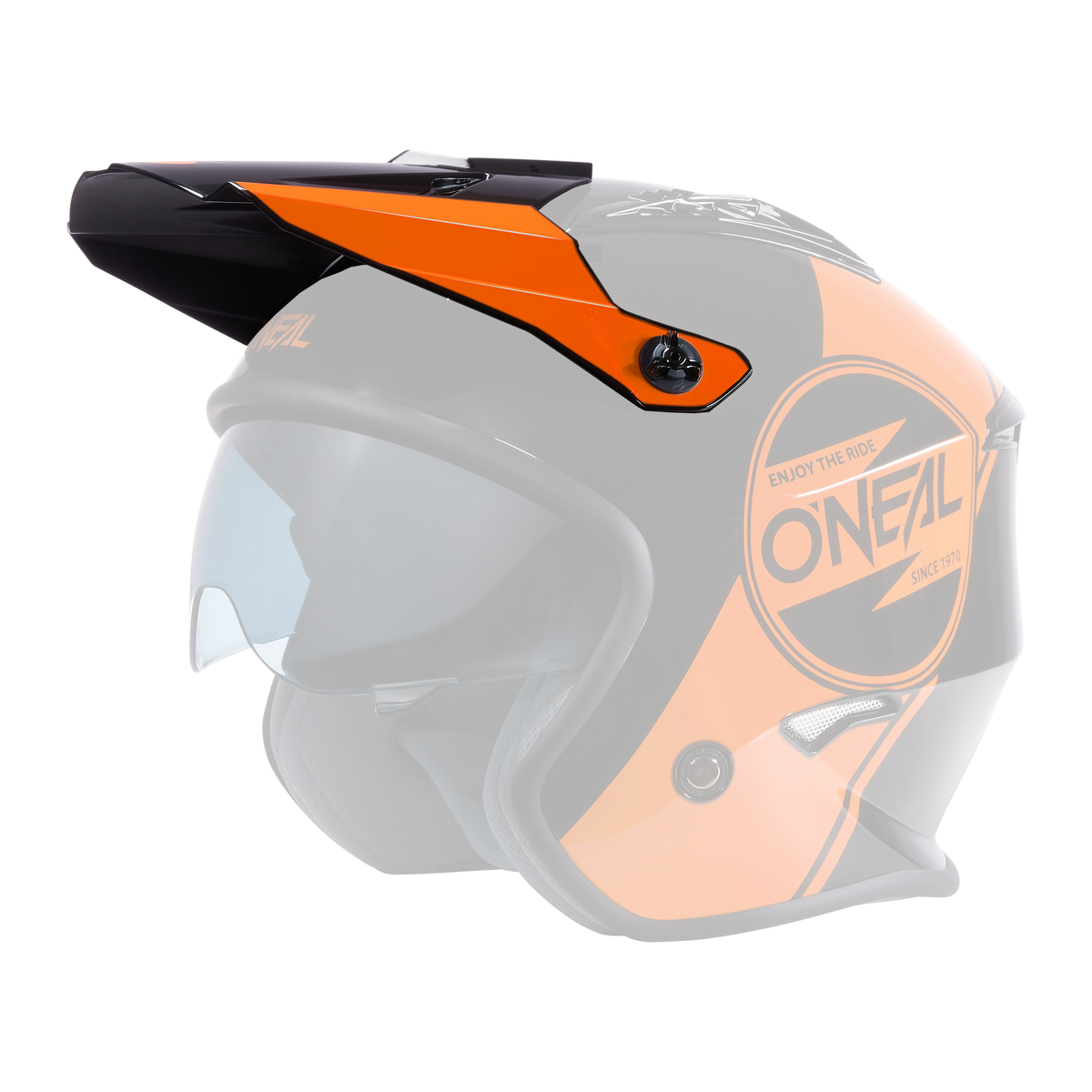 Der O'NEAL Visor VOLT Helmet CORP ist ein schwarz-orangefarbener Motorradhelm mit auffälligen Grafiken, einem getönten Visier, einem oberen Schirm und dem "Enjoy the Ride"-Slogan an der Seite.