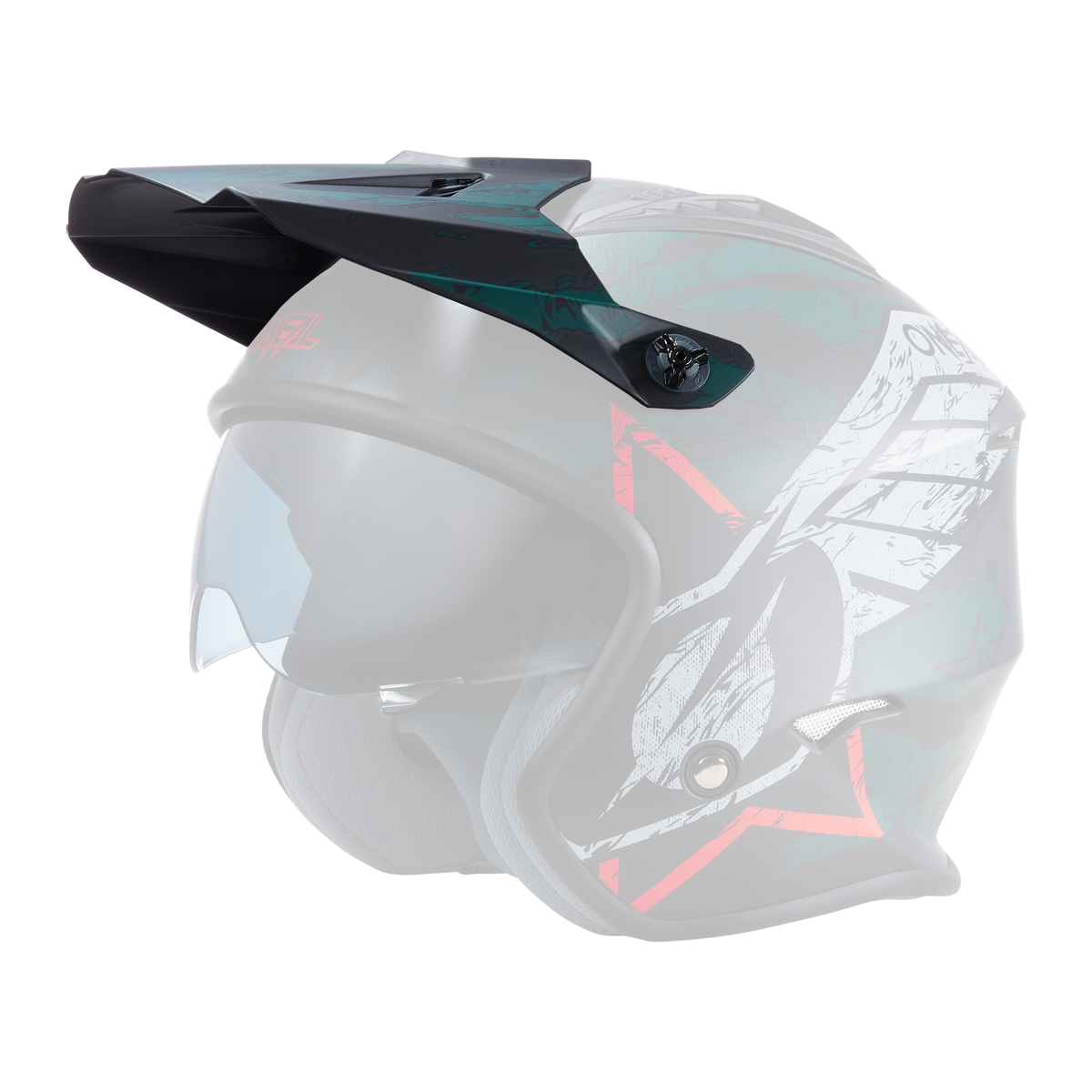 Der O'NEAL Visor VOLT Helmet WING von O'NEAL zeichnet sich durch ein mattschwarzes und grünes Design, ein klares Visier, kantige Linien und eine auffällige weiß-rote Grafik an der Seite aus (von links).