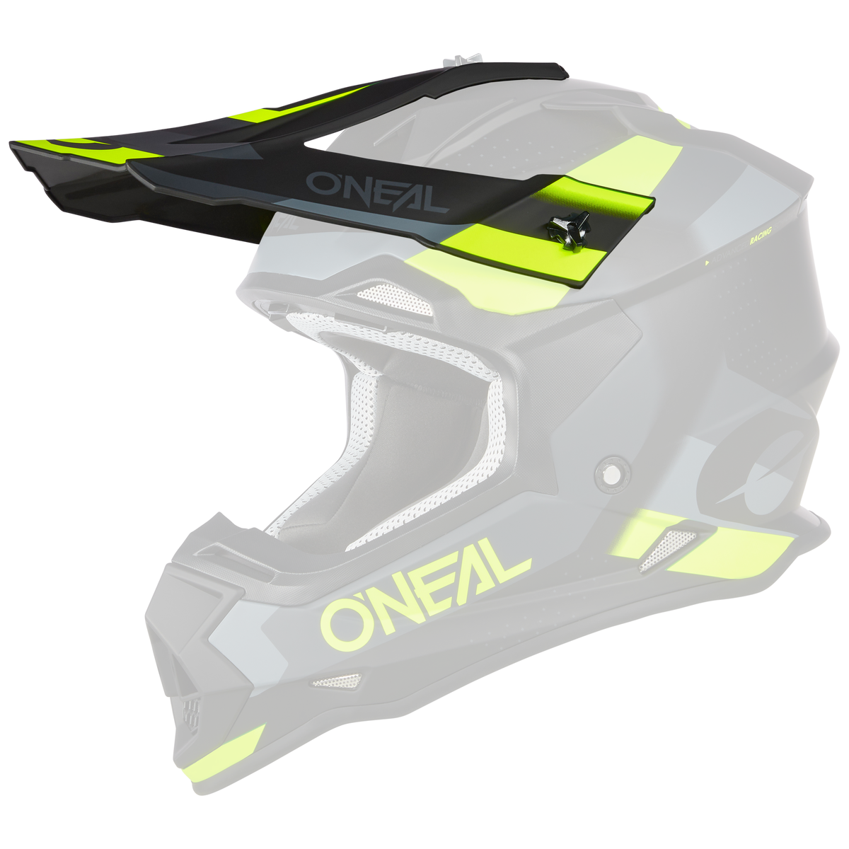 Le casque O'NEAL Visor 2SRS Helmet SPYDE est un casque de motocross noir mat et gris avec des accents jaune vif, le logo O'NEAL, une visière, une protection du menton et des ouvertures de ventilation.