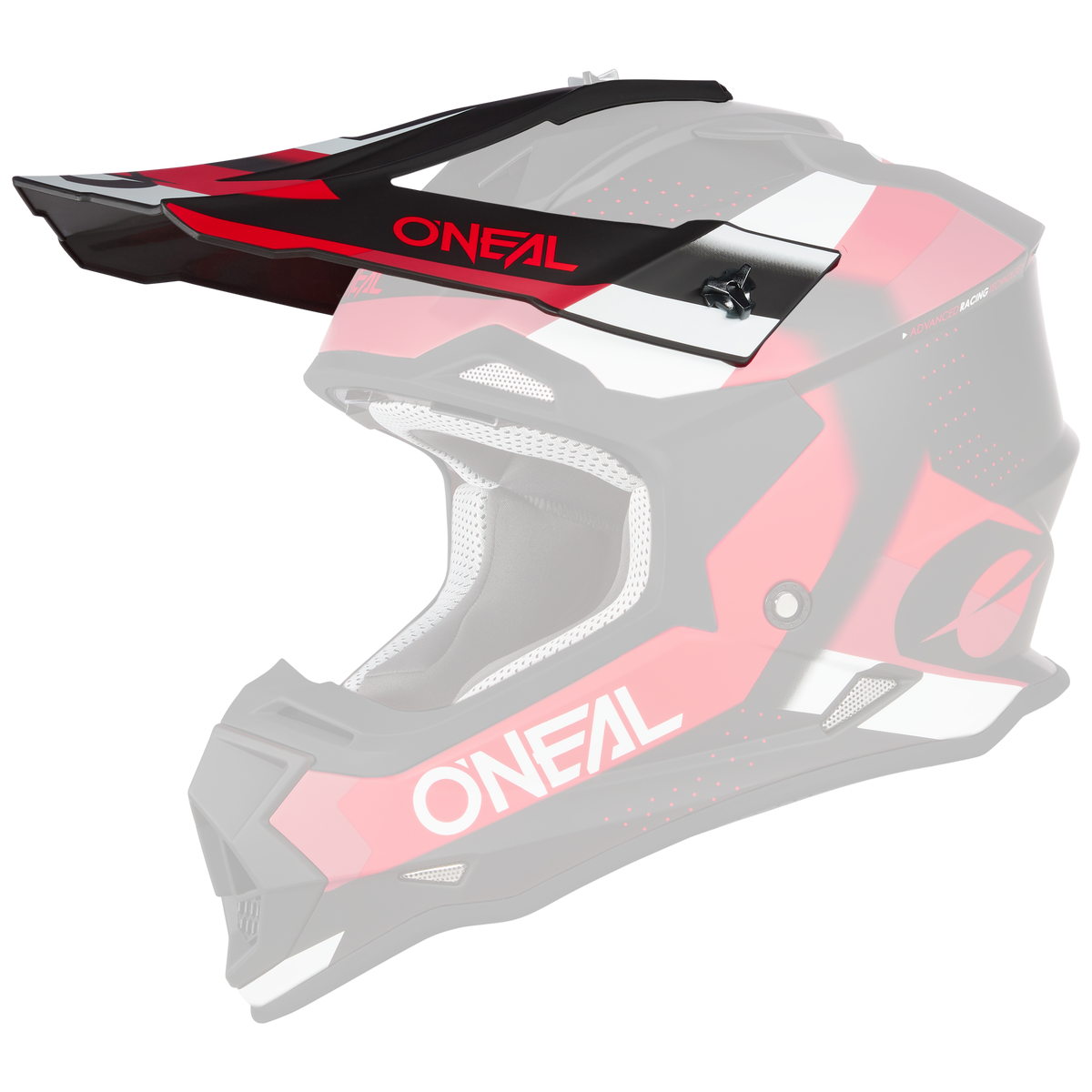 Le casque O'NEAL Visor 2SRS SPYDE est un casque de motocross noir, rouge et blanc avec une visière, un design anguleux, des ouvertures d'aération et un logo O'NEAL accrocheur sur le côté.