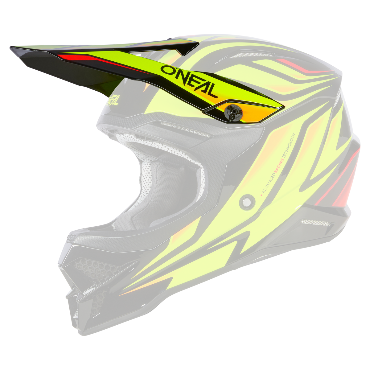 Il casco O'NEAL Visor 3SRS VERTICAL è un casco integrale da motocross colorato con grafiche gialle, arancioni e nere, una visiera e la scritta "O'NEAL" sul lato e sulla parte superiore.
