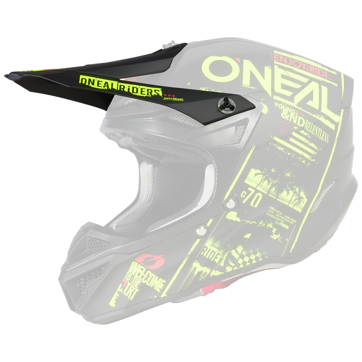 Il casco O'NEAL Visor 5SRS Polyacrylite ATTACK ha un design nero opaco e giallo neon con un'accattivante grafica "O'NEAL", motivi astratti, un'ampia visiera e una robusta mentoniera.