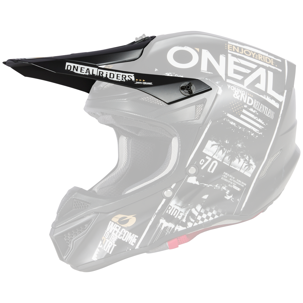 Der O'NEAL Visor 5SRS Polyacrylite Helmet ATTACK ist ein schwarzer Motocross-Helm mit auffälligen weißen Grafiken, Texten und Logos - wie "ENJOY RIDE" und "WELCOME TO THE FUTURE" - von O'NEAL.