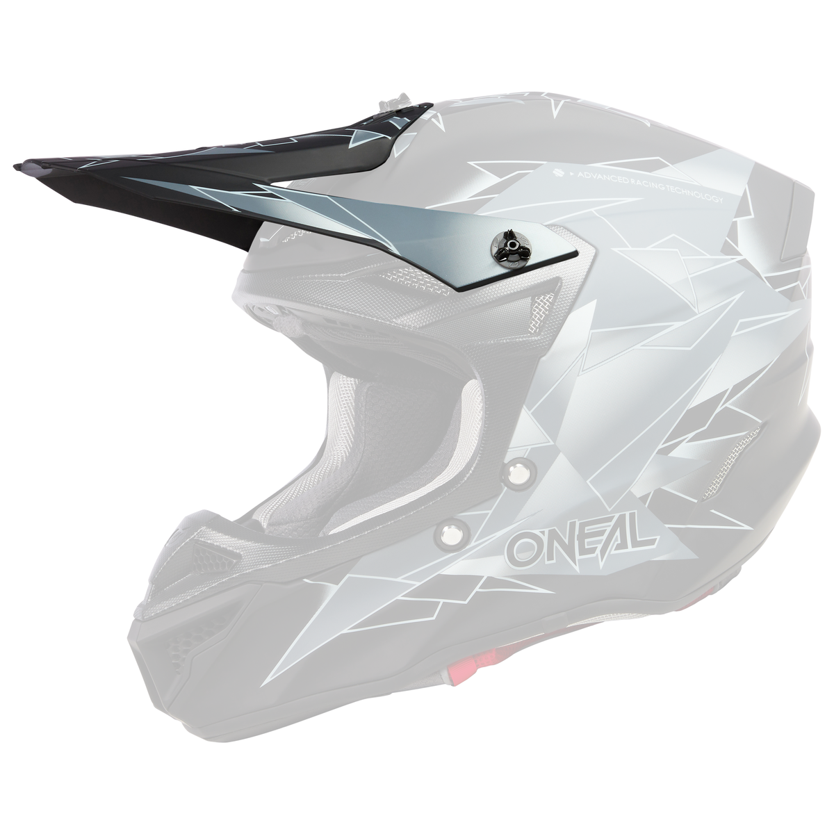 L'O'NEAL Visor 5SRS Polyacrylite Helmet SURGE è un casco da motocross nero e grigio con motivi geometrici angolari, inserti di ventilazione, una visiera e il logo O'NEAL sul lato.