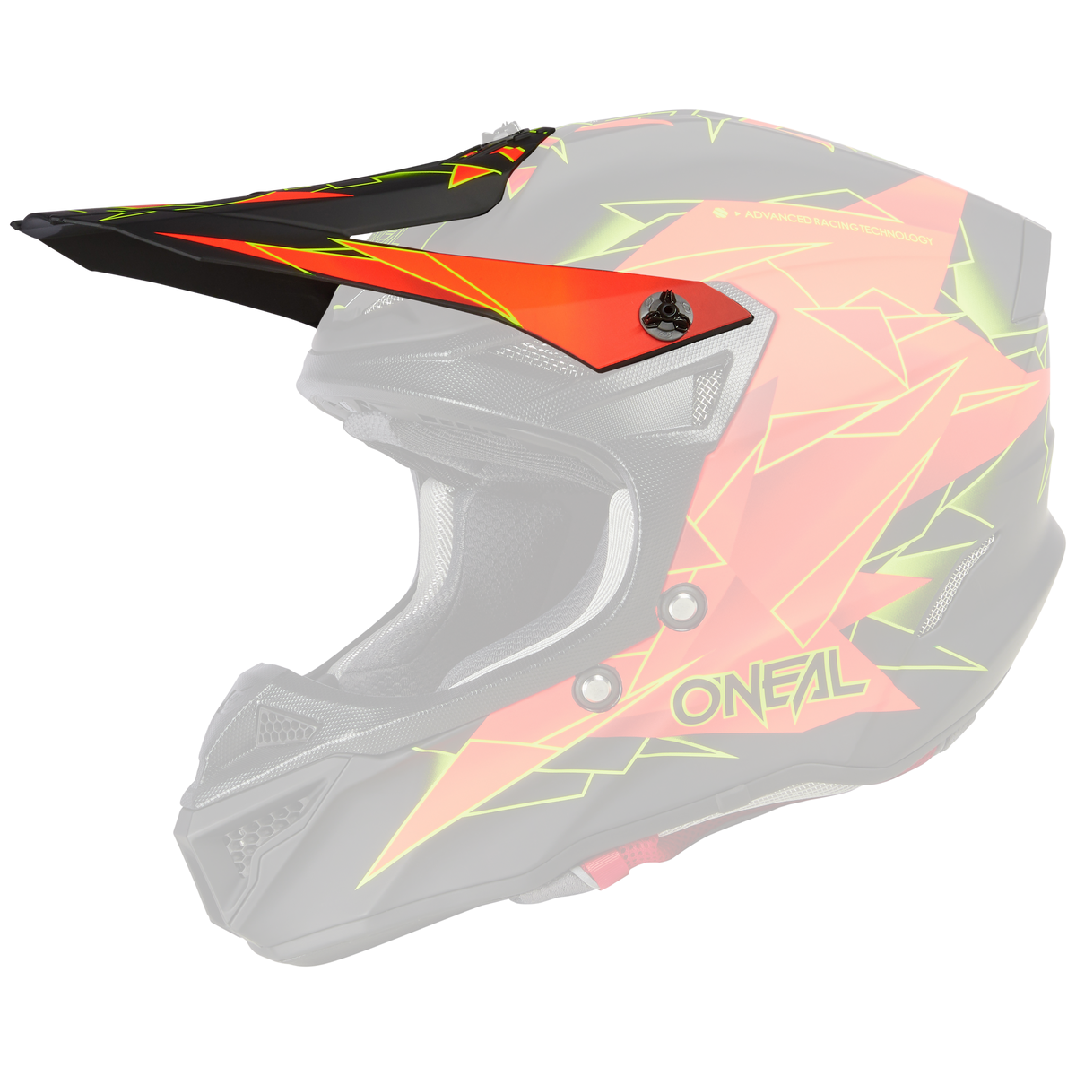 El Casco O'NEAL Visor 5SRS Poliacrilita SURGE es un casco integral de motocross con base negra y llamativos motivos geométricos en naranja, amarillo y verde. La marca "O'NEAL" aparece en amarillo en el lateral.
