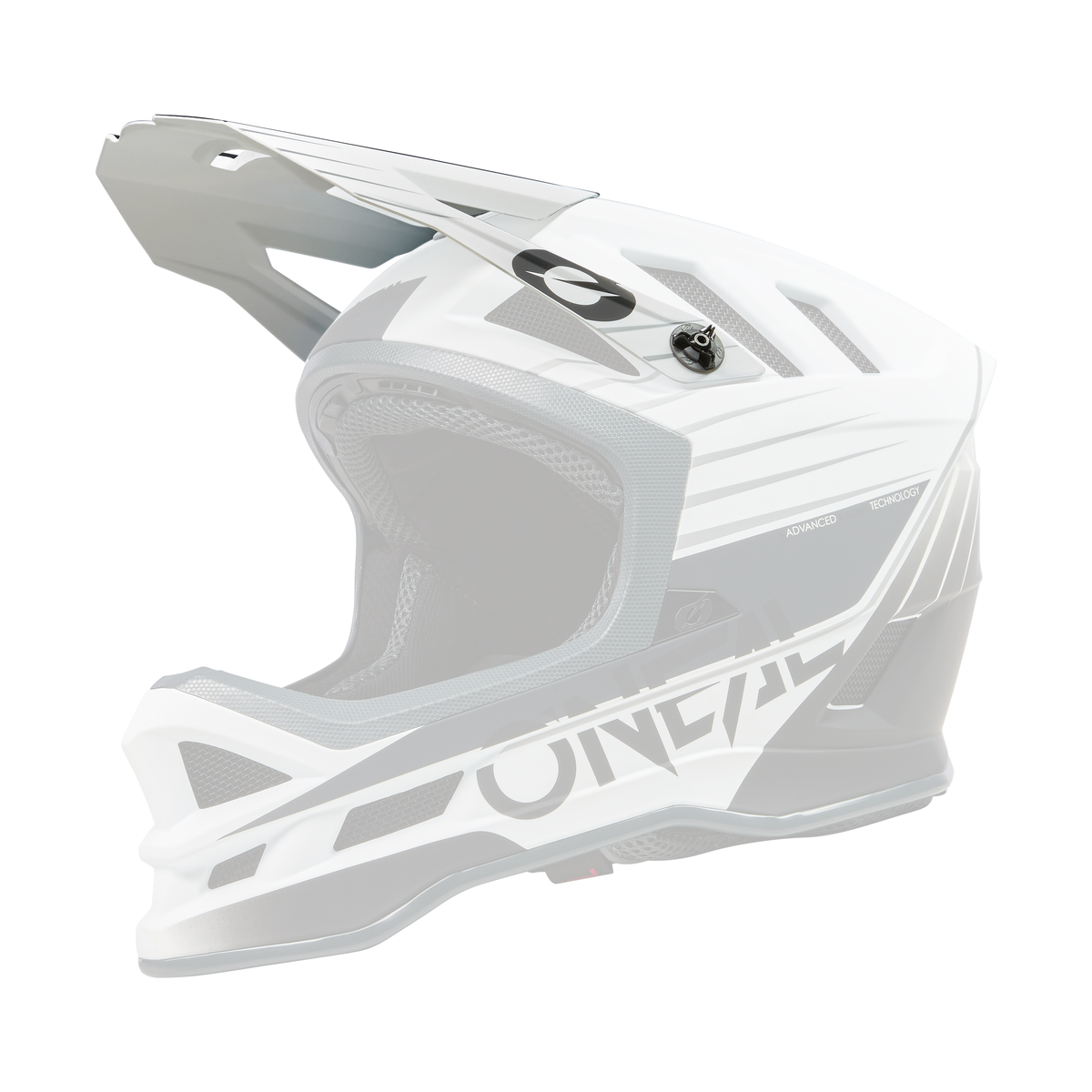 The O'NEAL Visor BLADE Polyacrylite Helmet DELTA is a white and black full-face motocross helmet with visor, ventilation openings and geometric graphics bearing the O'NEAL brand name on the side.