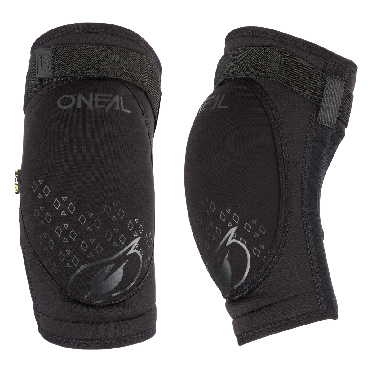 Las rodilleras negras O'NEAL con dibujo de rombos y correas ajustables ofrecen una protección reforzada - ideales para combinar con las coderas O'NEAL DIRT para una protección total.