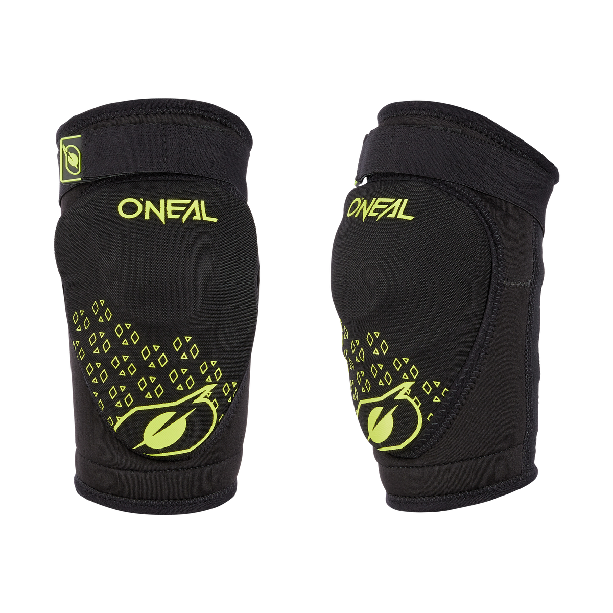 Ein Paar O'NEAL DIRT Knieschützer Kinder in Schwarz mit neongelben Logos und geometrischen Mustern, die optimalen Schutz und Komfort beim Sport oder im Freien bieten, abgebildet auf einem unifarbenen Hintergrund.