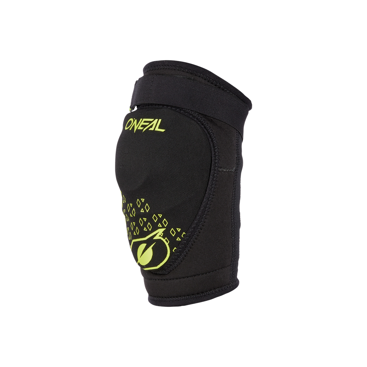 La genouillère O'NEAL DIRT pour enfants en noir avec un logo jaune fluo et un motif géométrique sur fond noir offre une protection et un confort optimaux aux jeunes sportifs.