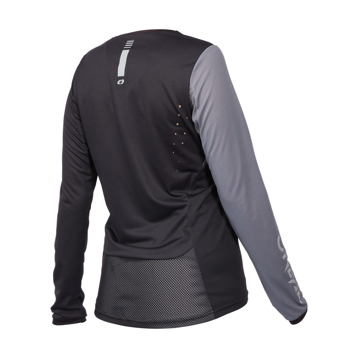 Das O'NEAL ELEMENT FR Damen-MTB-Trikot HYBRID ist von hinten abgebildet. Es hat einen schwarzen Körper, graue Ärmel, ein O'NEAL-Logo auf dem oberen Rücken, vertikale Reflexstreifen und ein atmungsaktives Mesh-Paneel am unteren Rücken zur Belüftung.