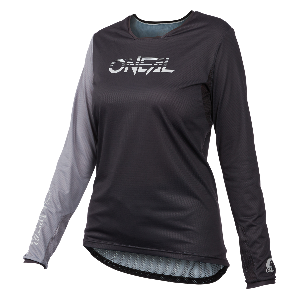 Das O'NEAL ELEMENT FR Damen-MTB-Trikot HYBRID verfügt über das O'NEAL-Logo, einen dunkelgrauen Körper und linken Ärmel, einen hellgrauen rechten Ärmel, atmungsaktives Material und einen nach hinten fallenden Saum. Perfekt als MTB-Trikot für Frauen.
