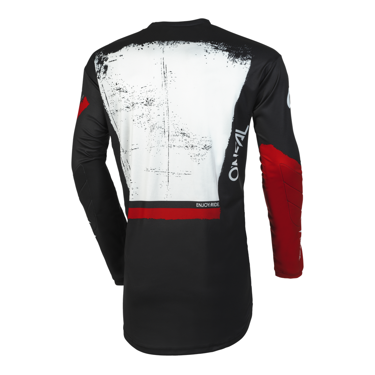 Das O'NEAL ELEMENT Jersey SHOCKER hat lange Ärmel, ein schwarzes Unterteil, ein weißes Oberteil mit Distressed-Textur, rote Akzente und ein vertikales "O'NEAL"-Branding - für eine perfekte Passform und atmungsaktive Performance.