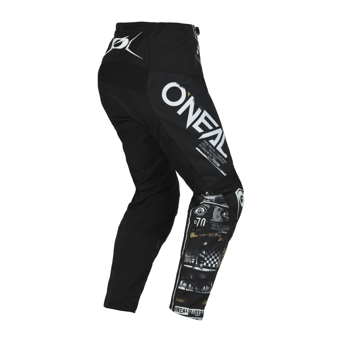 I pantaloni ATTACK di O'NEAL Element per bambini presentano un'accattivante scritta "O'NEAL" sulla coscia, stampe grafiche, loghi MX Element Bambini e grafica monocromatica su una gamba.