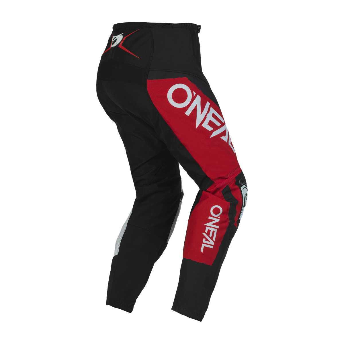 Une paire de pantalons O'NEAL ELEMENT SHOCKER en noir, rouge et blanc avec l'inscription "ONEAL" sur la jambe et à l'arrière, qui offre confort et protection aux fans de sports motorisés, représentés sur un fond blanc.