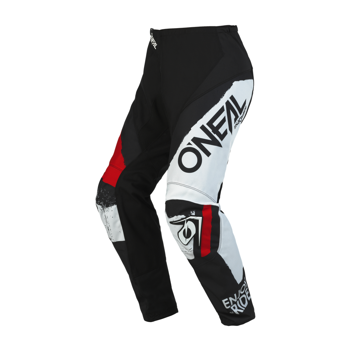 Le pantalon O'NEAL ELEMENT SHOCKER en noir, blanc et rouge avec l'inscription "O'NEAL" sur la cuisse et "ENJOY RIDE" sur le bas de la jambe offre confort et protection aux fans de sports mécaniques. Représenté sur un fond blanc.