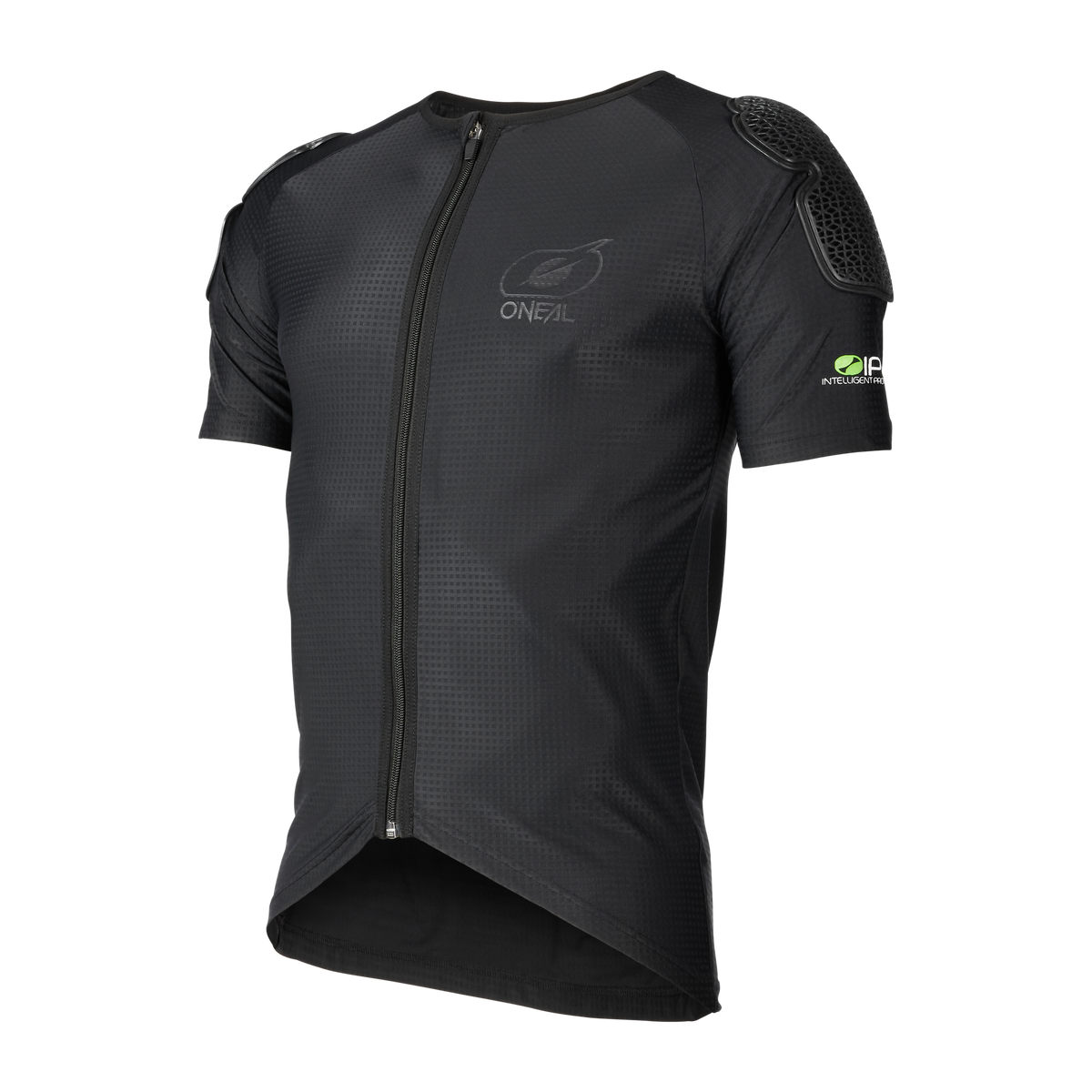 Das O'NEAL IMPACT LITE Protektor Shirt ist ein kurzärmeliges, schwarzes Shirt mit einem Frontreißverschluss, verstärkten Schulterpolstern, Mesh-Schulterdetails und O'NEAL-Logos auf der Brust und dem Ärmel.