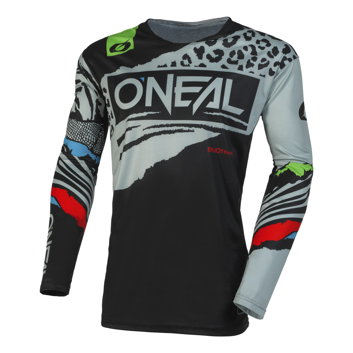La O'NEAL Mayhem Jersey Bambini WILD è una maglia da motocross leggera a maniche lunghe con grafiche nere, grigie, bianche, rosse, blu e verdi e scritta "O'NEAL" sul petto, progettata per garantire le massime prestazioni in moto.