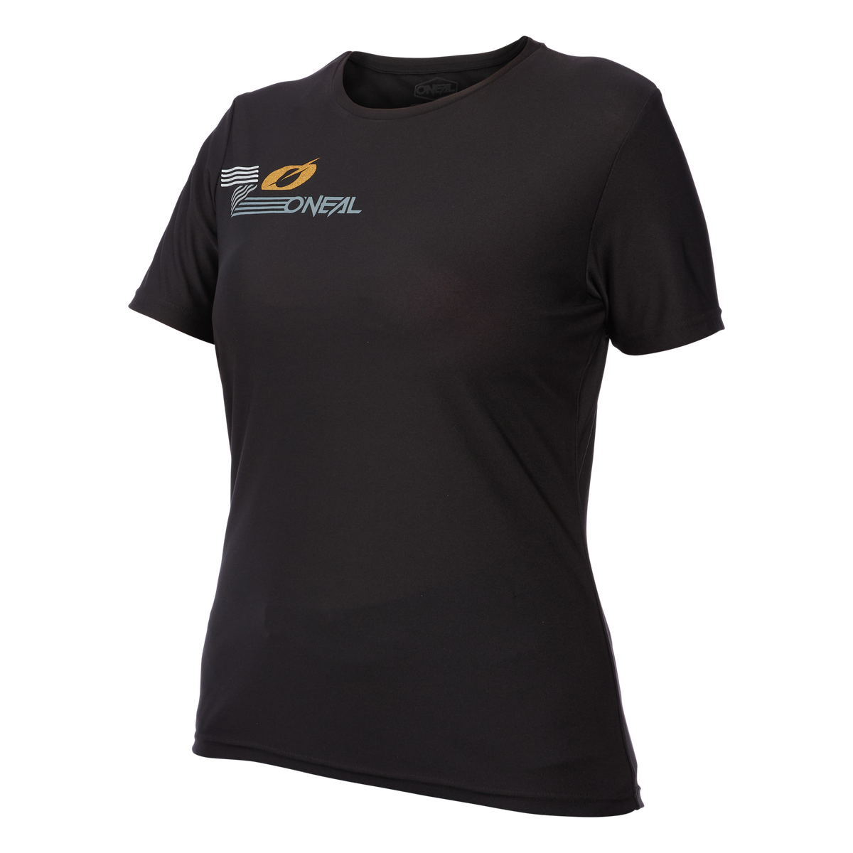 Das O'NEAL SLICKROCK Damen-MTB-Trikot ist ein schwarzes Kurzarmtrikot mit dem O'Neal-Logo und einer gelben Grafik auf der linken oberen Brustseite, das Komfort und Qualität für Ihre Fahrt bietet.