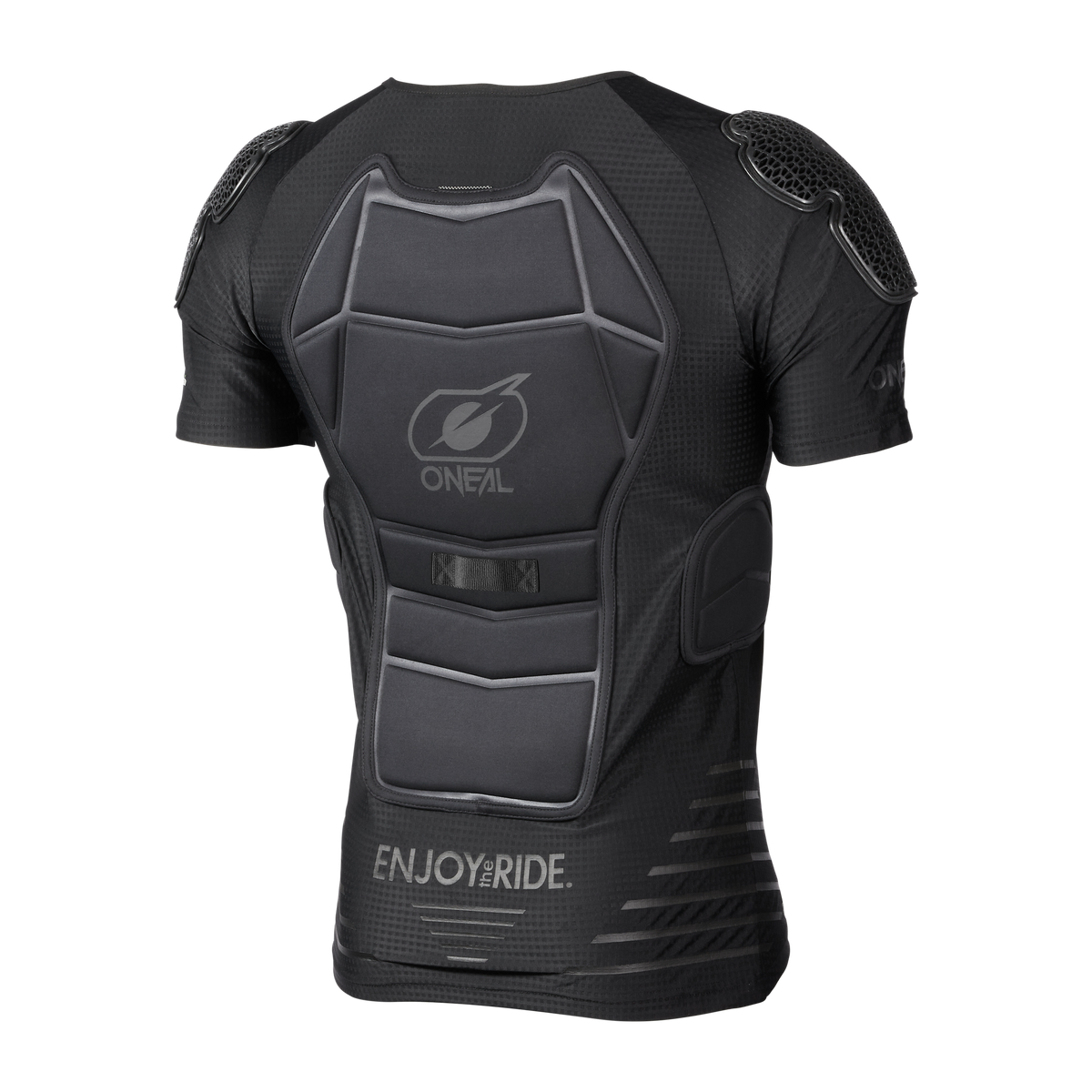 Das O'NEAL STV Kurzarm Protektor Shirt ist ein schwarzes Kurzarm-Shirt mit gepolsterter Rücken-, Schulter- und Seitenverstärkung - ideal zum Biken. Mit O'NEAL-Logo und "ENJOY.RIDE." am Saum.