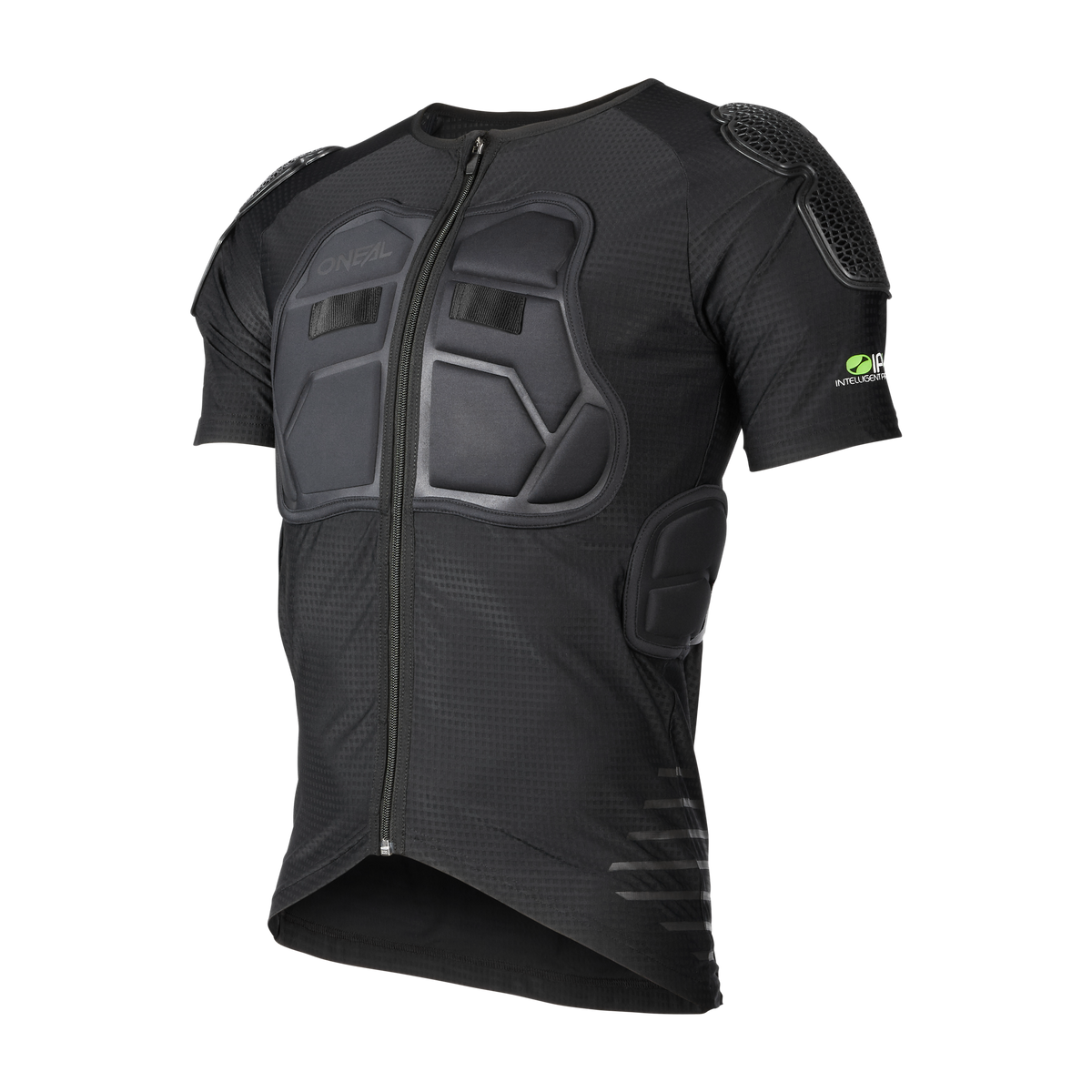 Das O'NEAL STV Kurzarm Protektor Shirt ist ein schwarzes Kurzarm-Shirt mit Brust-, Schulter- und Seitenpolsterung, Frontreißverschluss und dem O'NEAL-Logo auf dem linken Ärmel - ideal für Fahrradfans.