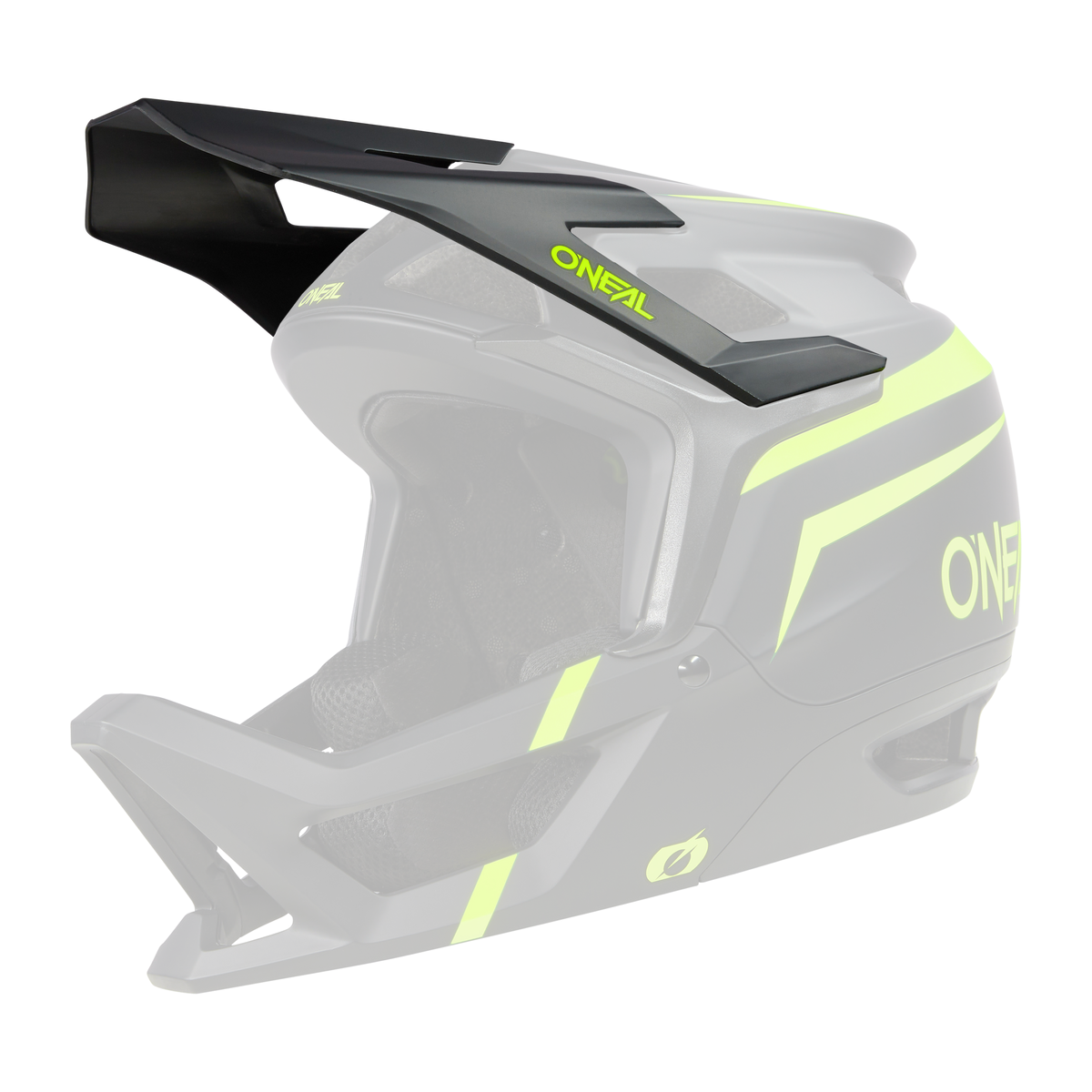 Le casque O'NEAL Visor TRANSITION Helmet FLASH est un casque intégral noir avec des accents vert vif et une grande visière, conçu pour le tout-terrain ou le VTT, sur un fond noir sobre.