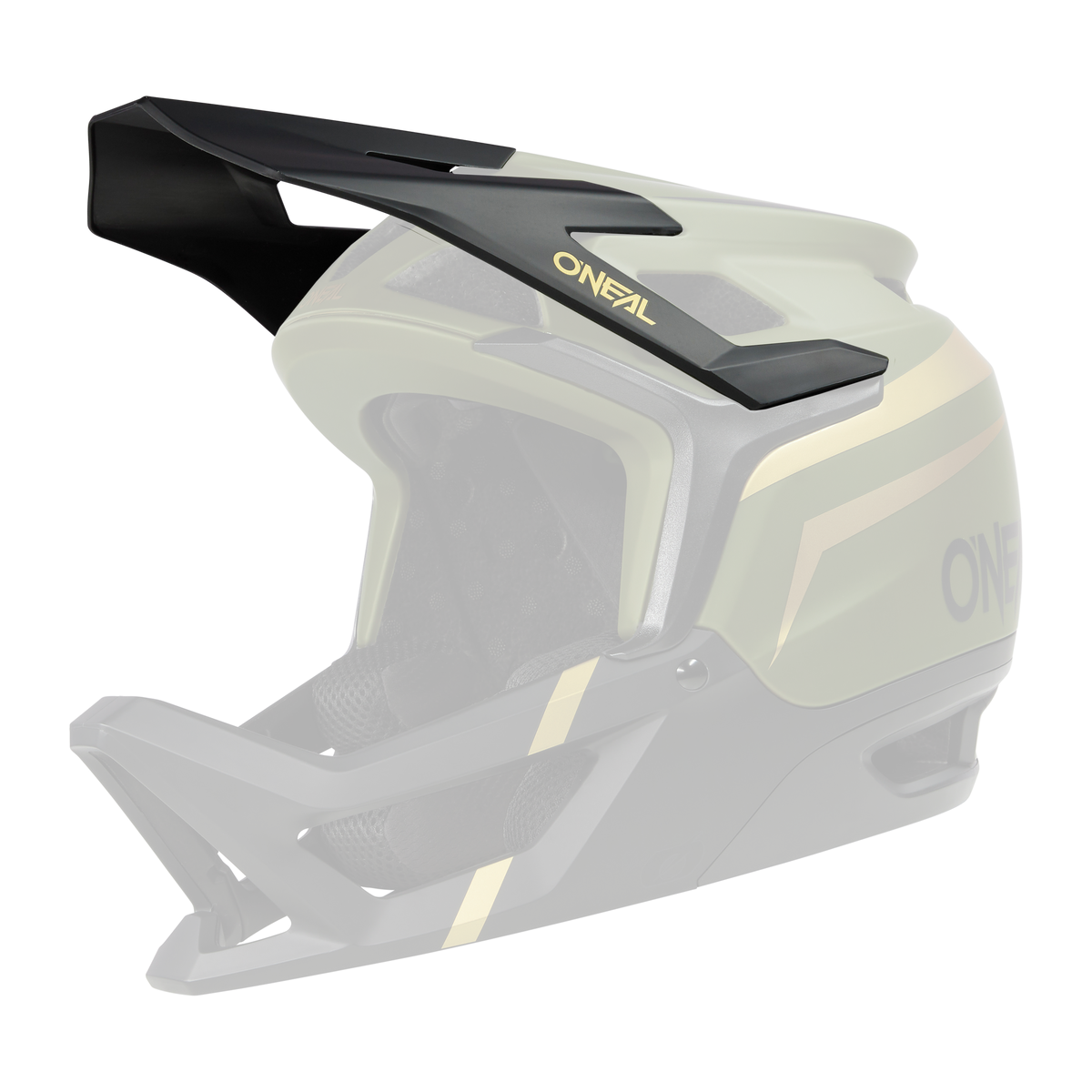 Le casque O'NEAL Visor TRANSITION FLASH est un casque de VTT fullface vert olive et noir avec des accents dorés, une grande visière, une ventilation étendue et le logo "O'NEAL" sur le côté.