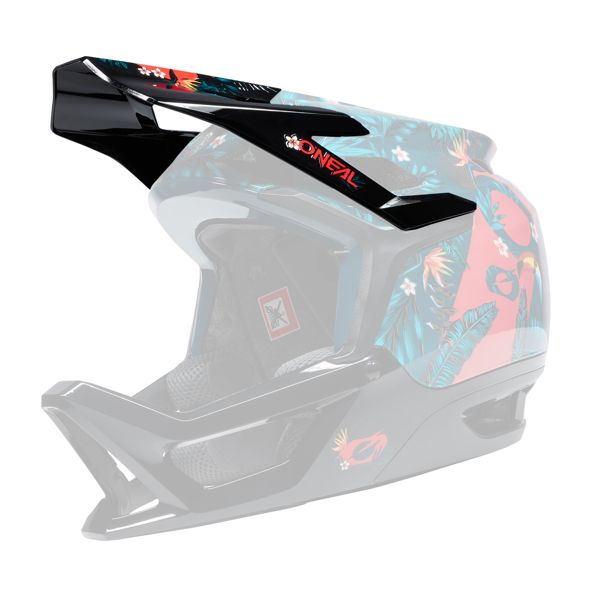 Le casque O'NEAL Visor TRANSITION est un casque de motocross fullface avec un design de feuilles tropicales et de perroquets sur fond noir et rouge, une grande visière et une aération suffisante.