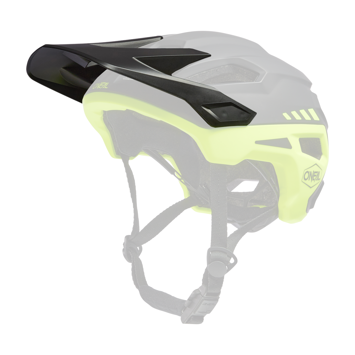 La visière TRAILFINDER Helmet SPLIT de O'NEAL est représentée de côté en noir et jaune fluo et dispose d'une visière et de mentonnières réglables sur fond blanc.
