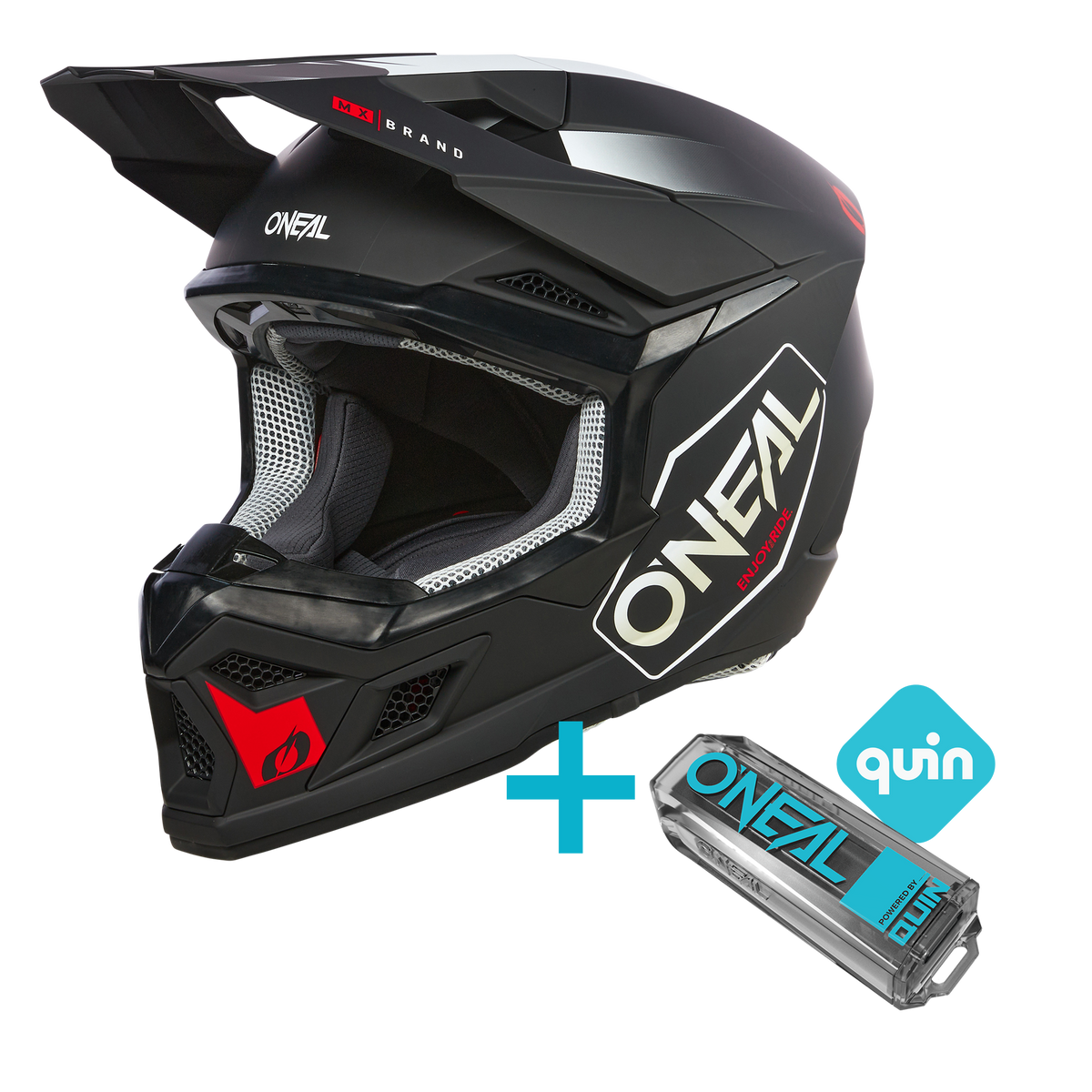 L'O'NEAL 3SRS Hexx Quin Bundle include un casco integrale nero con accenti bianchi e rossi e un dispositivo compatto a marchio O'NEAL con il Quin Pro Smart Sensor e un logo Quin blu.