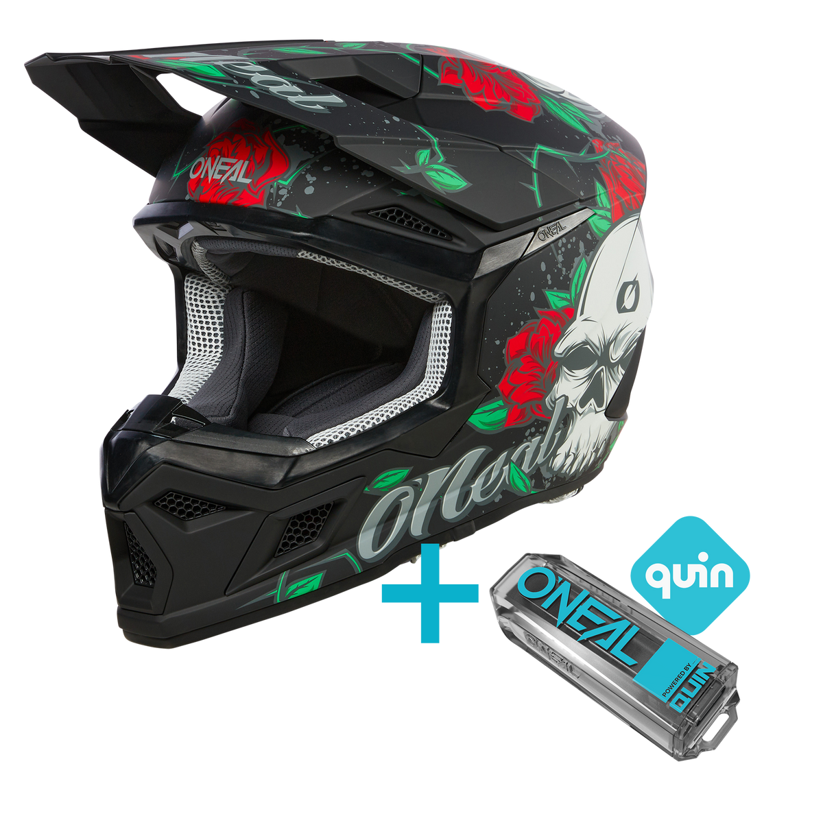 El O'NEAL 3SRS Youth Melancia Quin Bundle es un casco de motocross juvenil negro con una rosa roja y un gráfico de calavera blanca que viene con un pequeño Sensor Inteligente Quin extraíble etiquetado con "Quin" y "O'Neal": una opción elegante para los jóvenes pilotos.