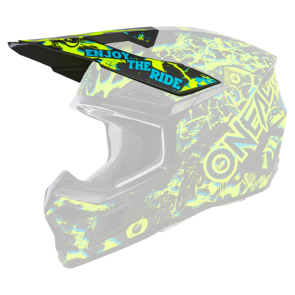 L'O'NEAL Visor 3SRS Helmet ASSAULT è un casco da motocross con una base nera e una grafica brillante in giallo-verde, blu e bianco. La scritta "ENJOY THE RIDE" e il marchio O'NEAL appaiono sul lato.
