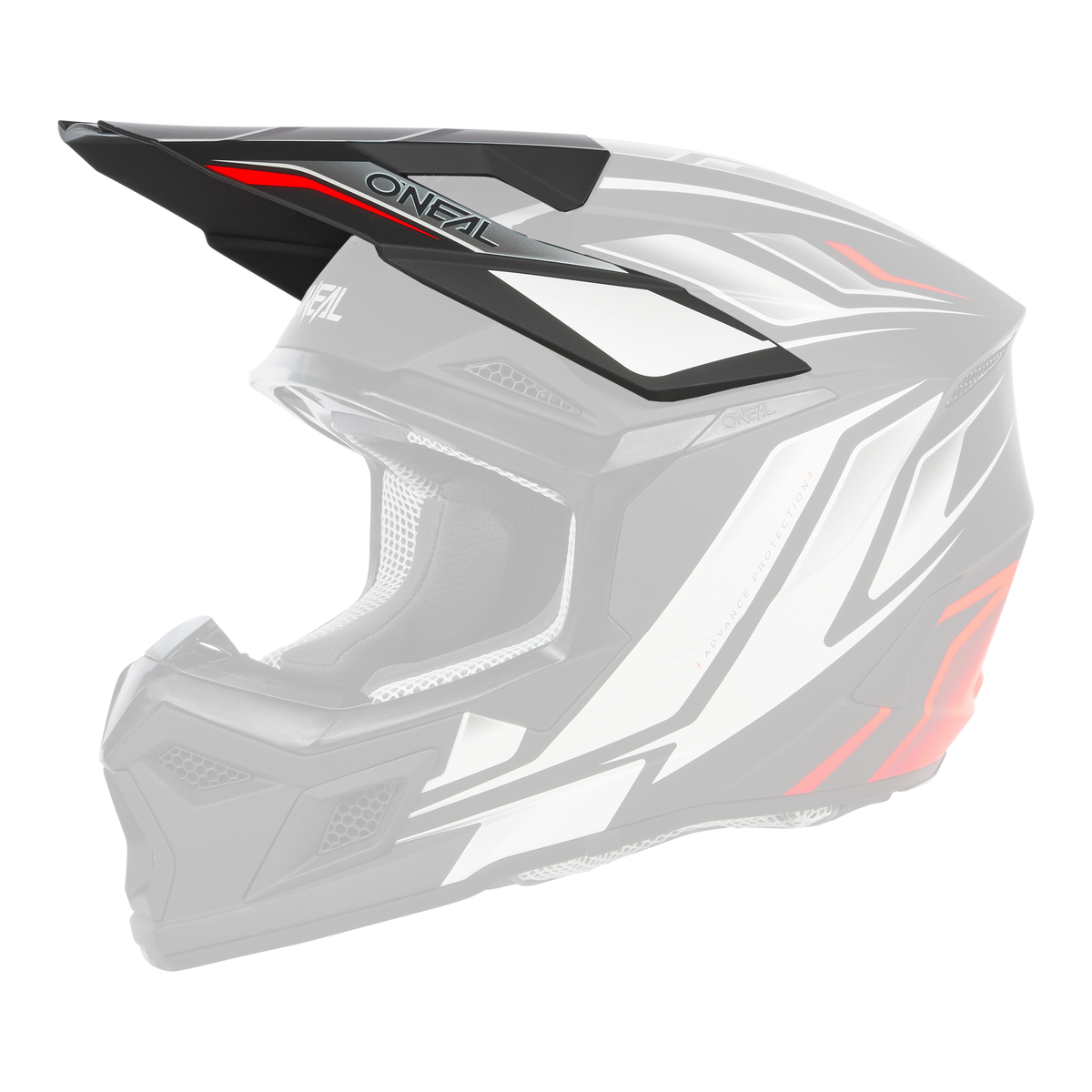 Il casco O'NEAL Visor 3SRS VERTICAL è un casco da motocross nero, bianco e rosso con un design angolare, visiera a punta, mentoniera e il marchio O'NEAL sul lato e sulla visiera.