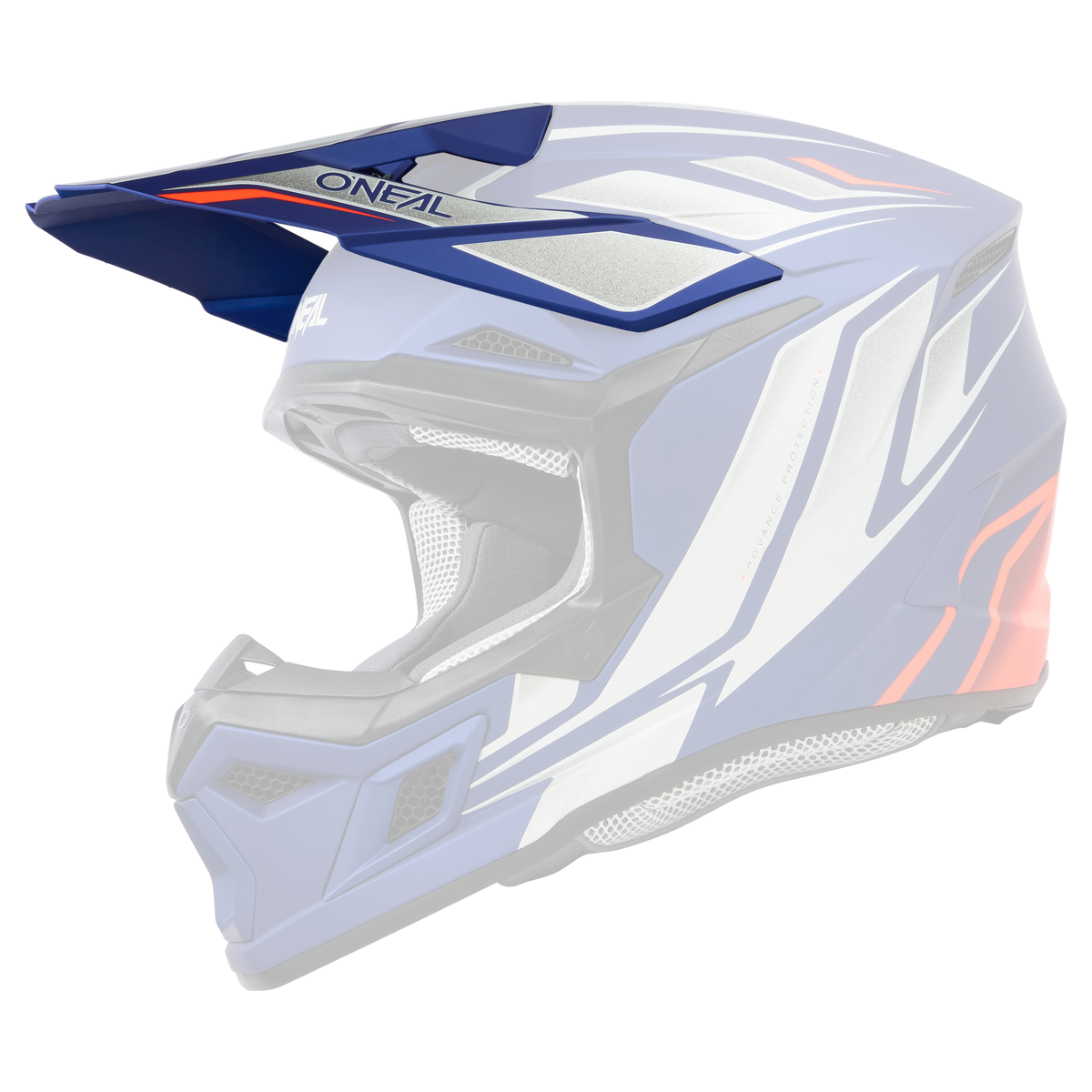 Il casco O'NEAL Visor 3SRS VERTICAL è un casco da motocross blu, bianco e arancione con visiera quadrata, finiture nere, aree di ventilazione e scritta "O'NEAL" sulla visiera.