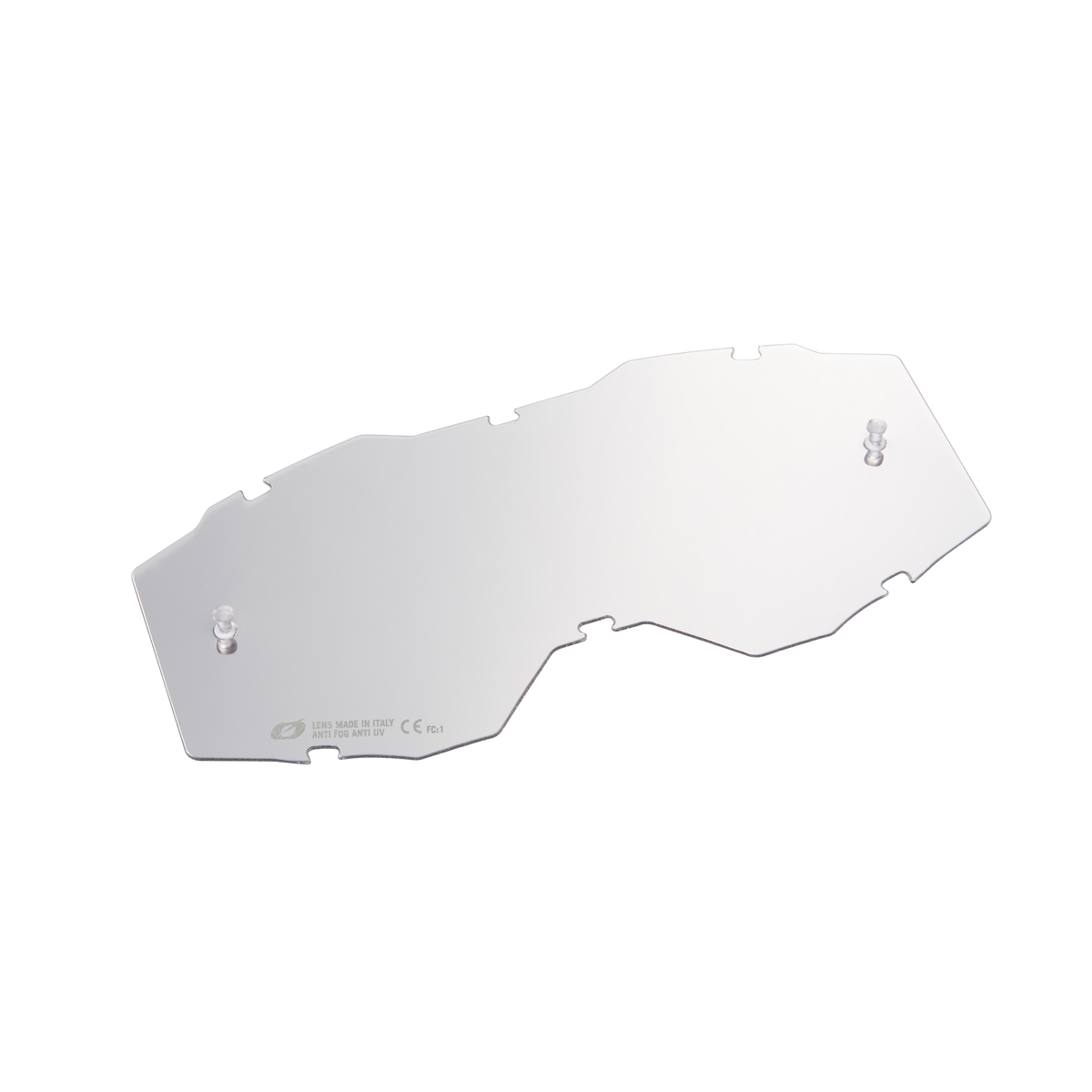 Die O'NEAL B-10 Youth Goggle - Spare Lens ist eine klare, unregelmäßig geformte Acrylscheibe mit zwei kleinen zylindrischen Stiften auf der Oberseite, die auf einem schwarzen Hintergrund abgebildet ist.