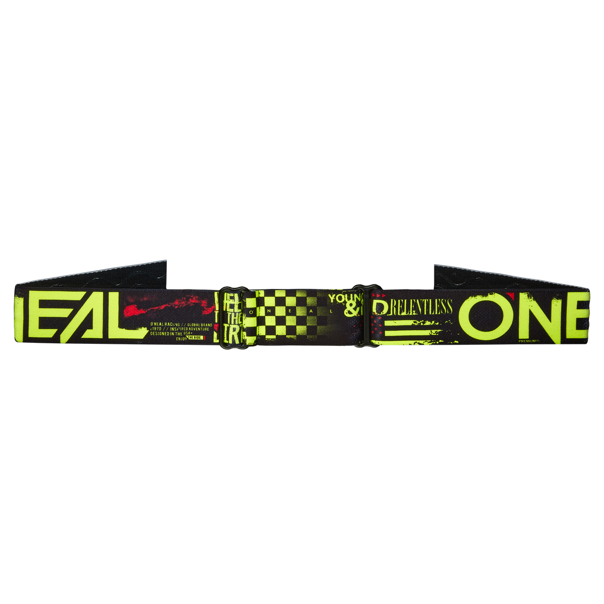 Die O'NEAL B-10 Brille ATTACK verfügt über einen schwarzen Gürtel mit auffälligem neongelben Text und Grafiken - Sprüche wie "REAL", "FEEL THE THRILL" und "ONE" - die von den dynamischen MX-Design-Elementen von O'NEAL inspiriert sind.