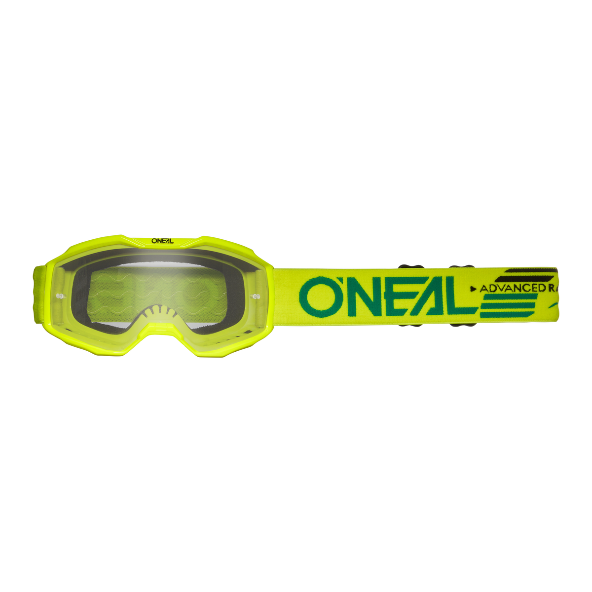 Die O'NEAL B-10 Brille Kinder SOLID ist eine leuchtend gelbe Kinder-Motocrossbrille mit schwarzem Glas, verstellbarem Band samt O'NEAL-Logo und grünem Muster - perfekt als Schutz für junge Fahrer.
