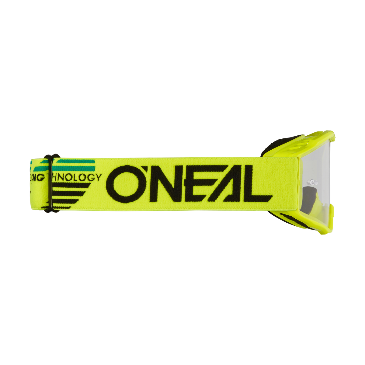 Eine Seitenansicht der O'NEAL B-10 Brille Kinder SOLID in Gelb zeigt ein schwarzes "O'NEAL"-Logo auf dem elastischen Band mit grünen und schwarzen Streifen und einem klaren Glas - optimaler Schutz für Kinder.