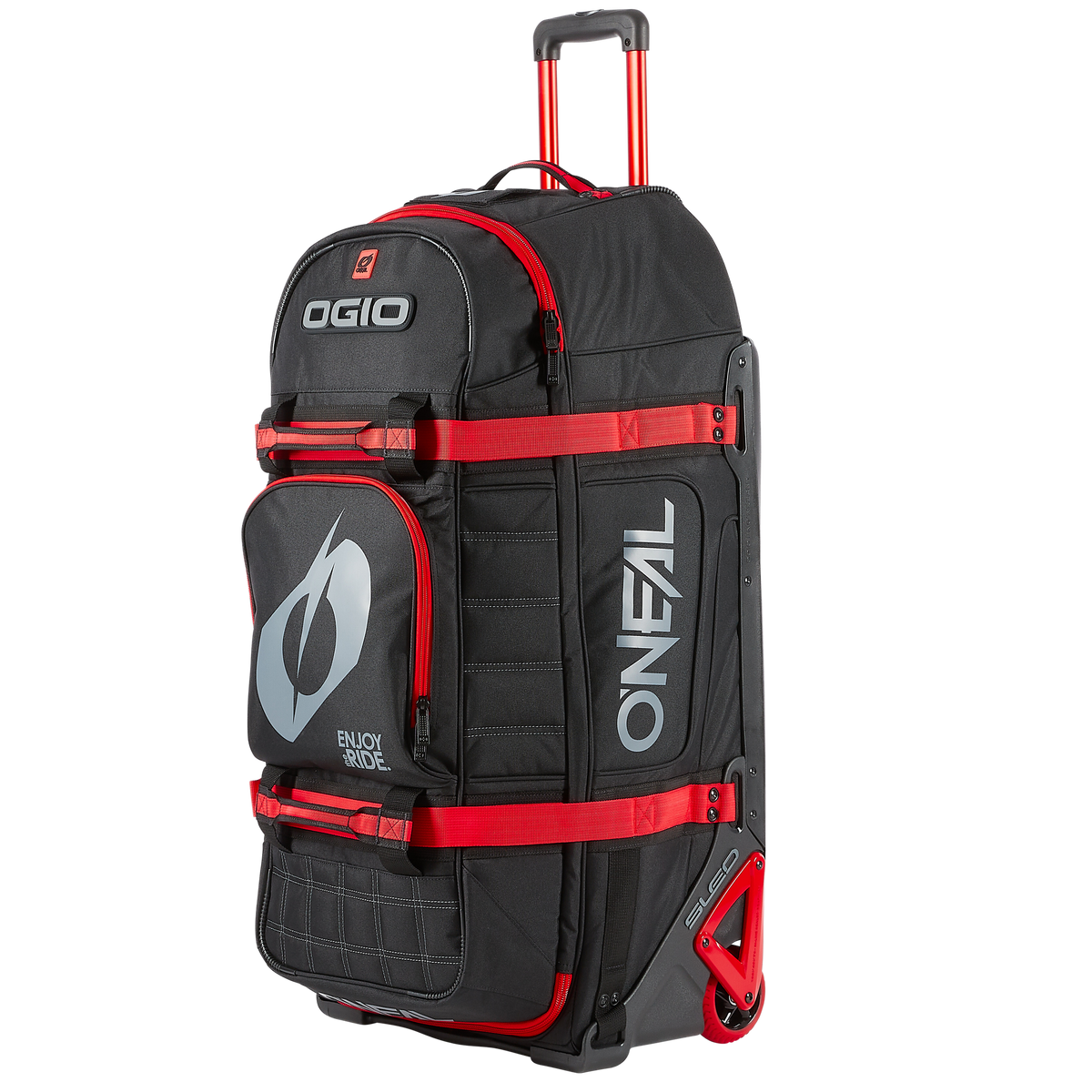 Die O'NEAL x OGIO Reisetasche 9800 in Schwarz/Rot bietet Rollen, Teleskopgriff, "O'NEAL" Branding, mehrere Fächer für Ausrüstung und robuste Gurte für bequemen Transport von Zubehör.