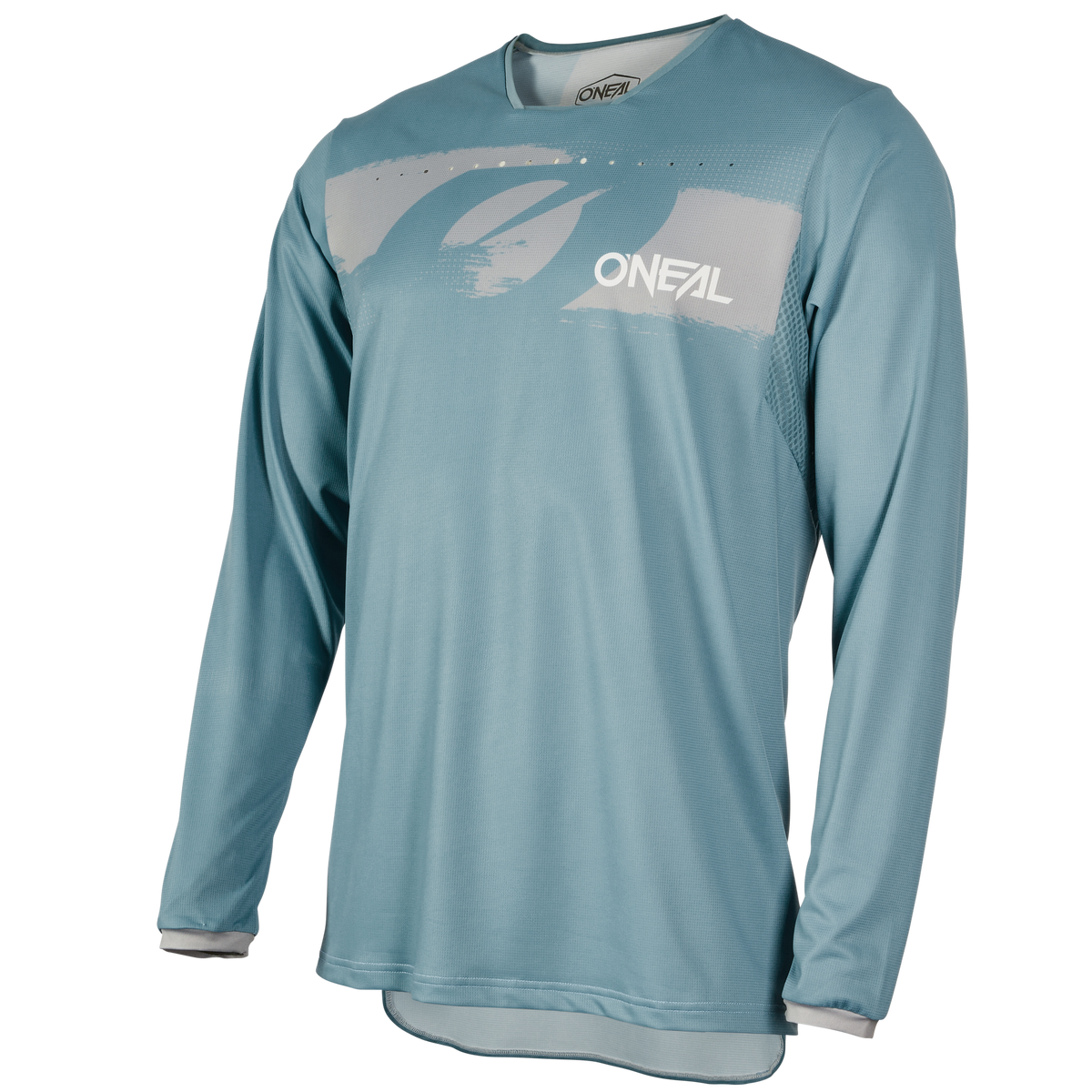 Das O'NEAL ELEMENT FR Jersey HYBRID ist ein hellblaues Langarm-MTB-Trikot mit weißem "O'NEAL"-Logo und Brustgrafik, ideal für Downhill- oder Enduro-Fahrten, auf einfarbigem Hintergrund.