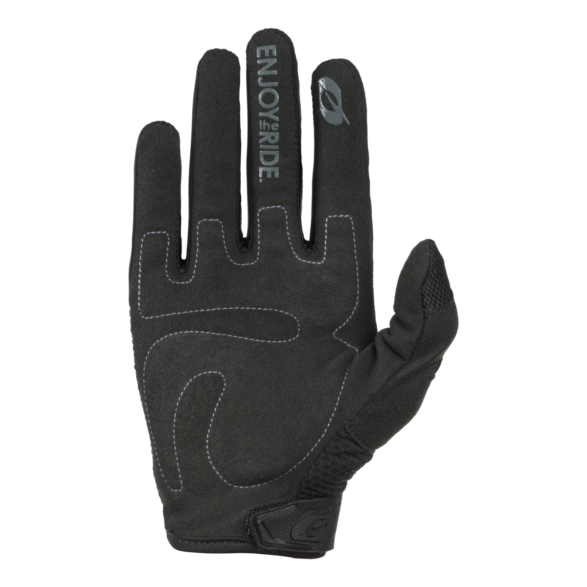 Il guanto O'NEAL Element Racewear, un guanto nero con cuciture bianche, scritta "ENJOY THE RIDE" e un piccolo logo a forma di foglia sull'indice, è mostrato con il palmo rivolto verso l'alto: una scelta elegante per la mountain bike.