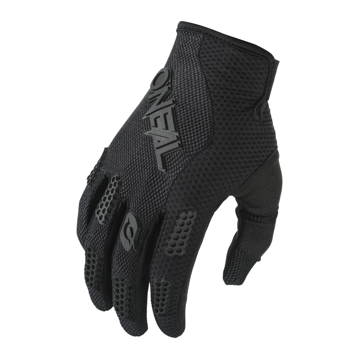 Il guanto nero Element di O'NEAL Racewear, perfetto per la mountain bike o il motocross, è caratterizzato da un grip strutturato e da una rete traspirante, qui nella vista angolata dall'alto su uno sfondo a tinta unita.