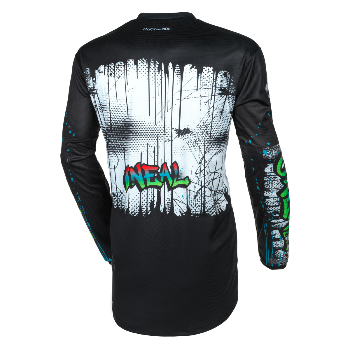 Das O'NEAL ELEMENT Trikot RANCID hat ein schwarzes Design mit weißer und schwarzer Grafik auf dem Rücken, einen auffälligen bunten "O'NEAL"-Schriftzug im Graffiti-Stil, passende Ärmel und ist aus atmungsaktivem Material für eine perfekte Passform gefertigt.