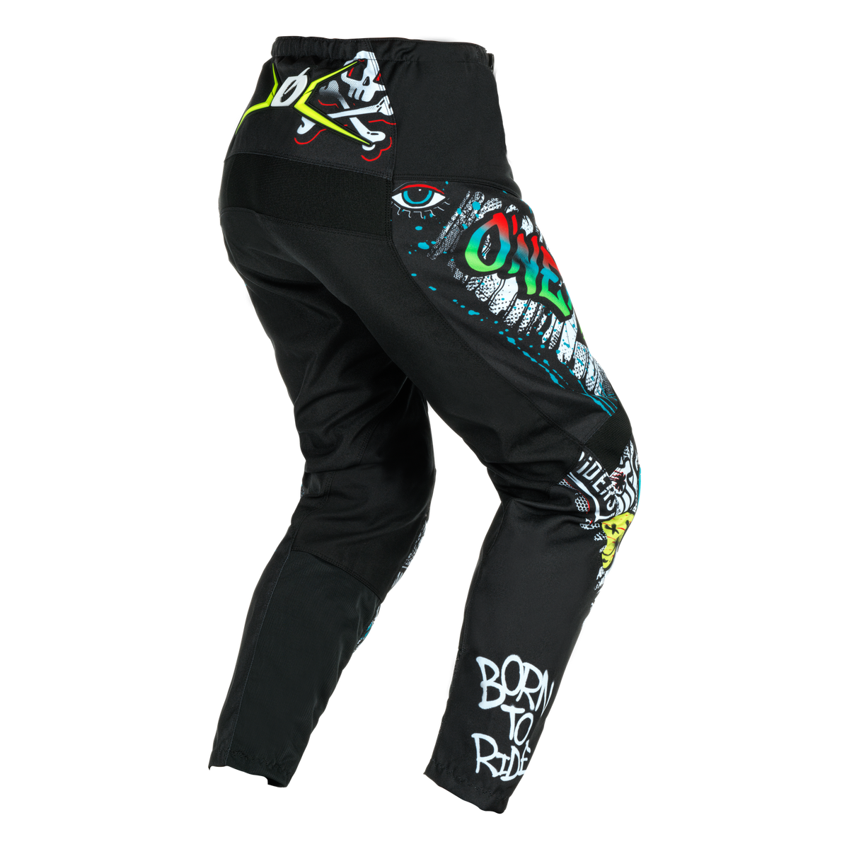 Die O'NEAL ELEMENT Hose RANCID ist eine schwarze Hose mit bunten Grafiken im Graffiti-Stil - Totenkopf, Auge, "OVER" und "BORN TO RIDE" auf dem linken Bein. Entworfen für Motorsportfans, die Wert auf Komfort und Schutz legen. Abgebildet aus der hinteren Seitenansicht.
