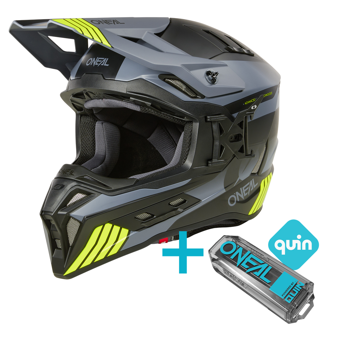 L'O'NEAL EX-SRS Hitch Quin Bundle è composto da un casco grigio e nero con accenti gialli, raffigurato accanto a un Quin Pro Smart Sensor e a un logo Quin blu.