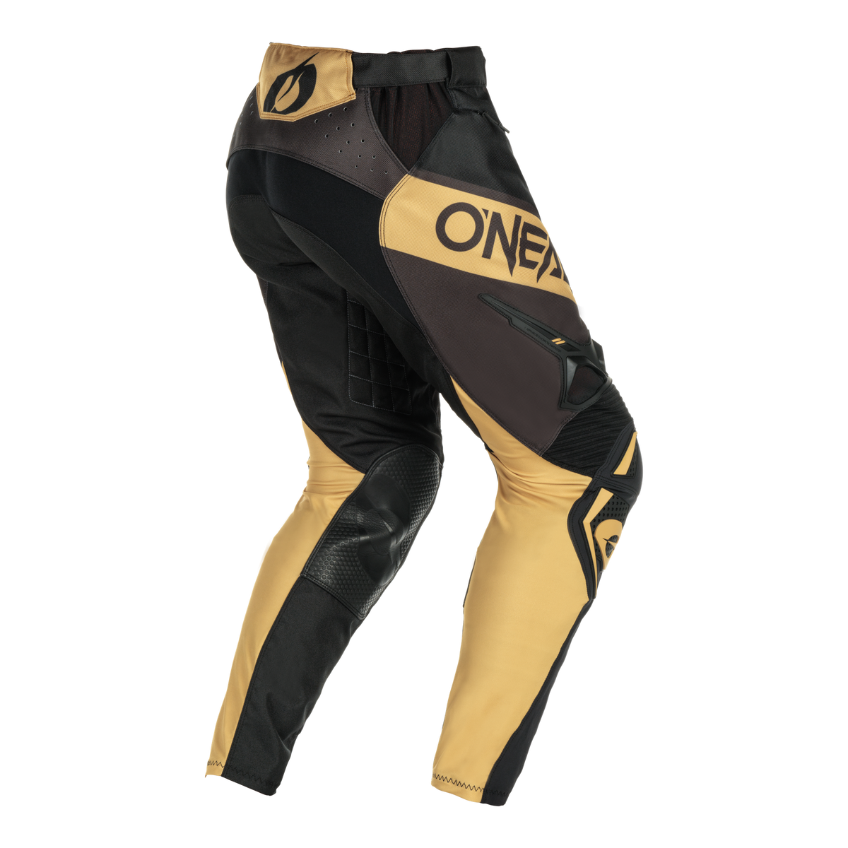 Die Hose HAZE von O'NEAL HARDWEAR in den Farben Beige, Schwarz und Braun verfügt über gepolsterte Bereiche, verstärkte Knie- und Oberschenkeleinsätze für den Motocross-Einsatz und einen auffälligen O'NEAL-Schriftzug an der Seite, der auf weißem Grund dargestellt ist.