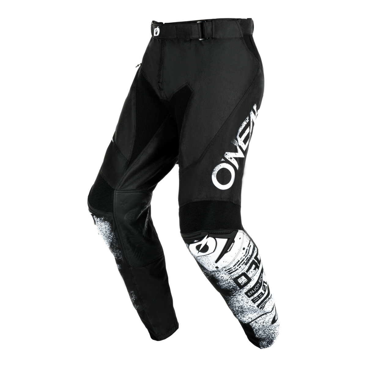 Die schwarz-weiße O'NEAL MAYHEM Hose SCARZ Motocross-Hose zeichnet sich durch eine auffällige Grafik, einen Taillengürtel und den Schriftzug "ONEAL" an der Seite und am unteren Bein aus, der sich vor einem weißen Hintergrund abzeichnet.