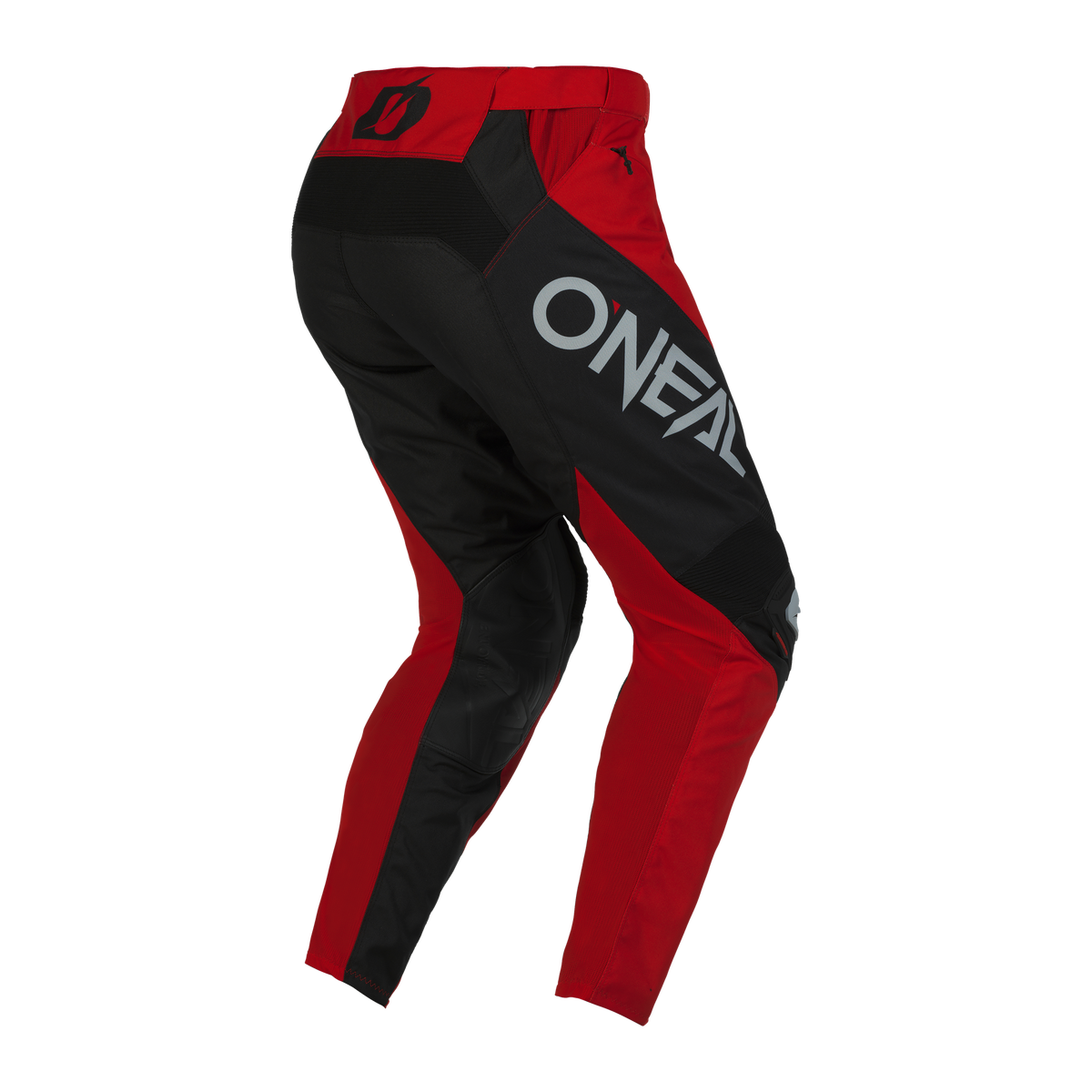 Die O'NEAL MAYHEM Hose HEXX in rot und schwarz, mit großem weißen "ONEAL"-Schriftzug auf dem rechten Bein, zeigt sich von hinten. Diese O'NEAL Hose ist atmungsaktiv für optimalen Komfort bei jeder Fahrt.