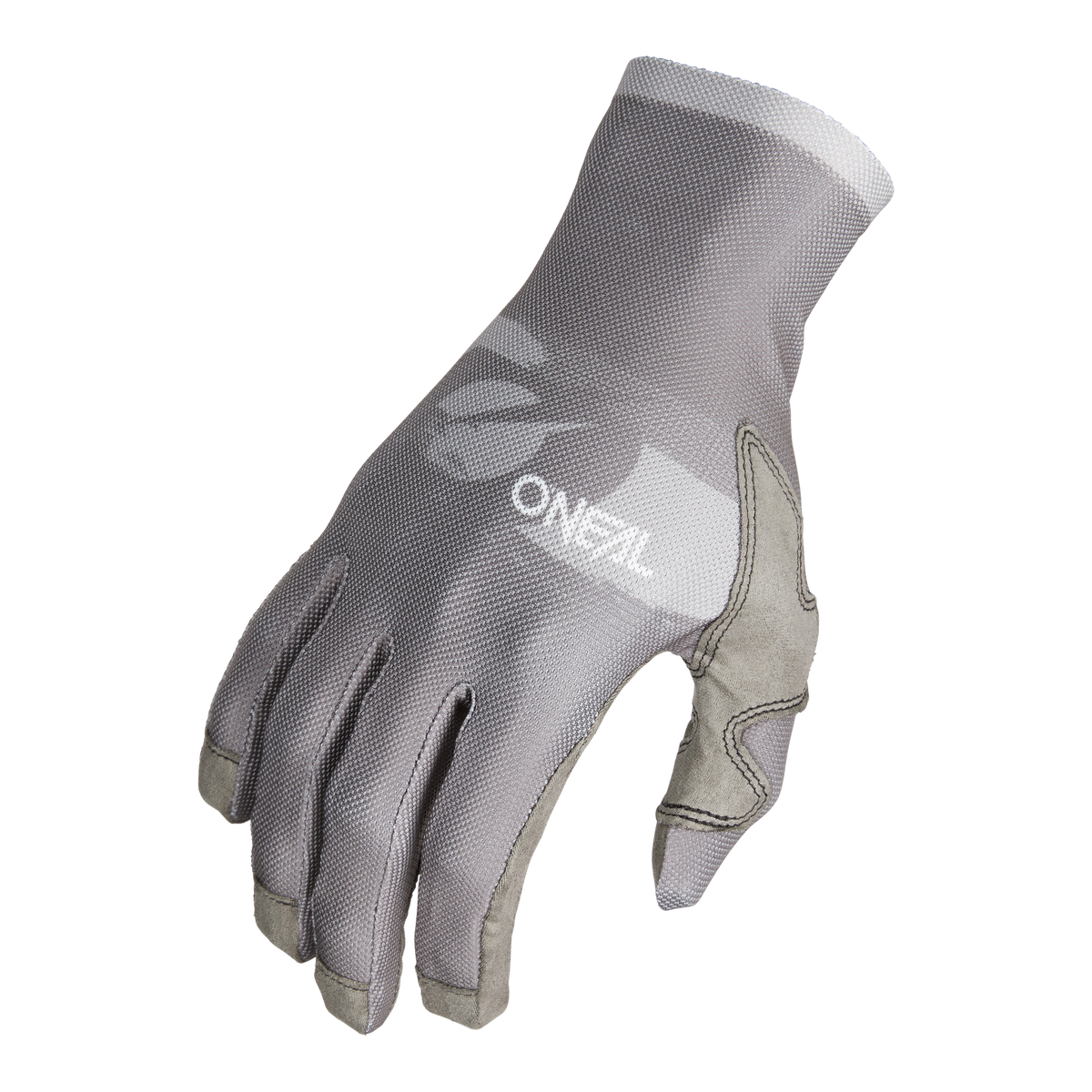 Ein grauer O'NEAL PODIUM 1.0 Handschuh mit verstärkten Fingerspitzen und Handfläche ist auf einem schwarzen Hintergrund abgebildet. Dieser taillierte Handschuh hat sichtbare Nähte und das "O'NEAL"-Logo auf dem Handrücken.