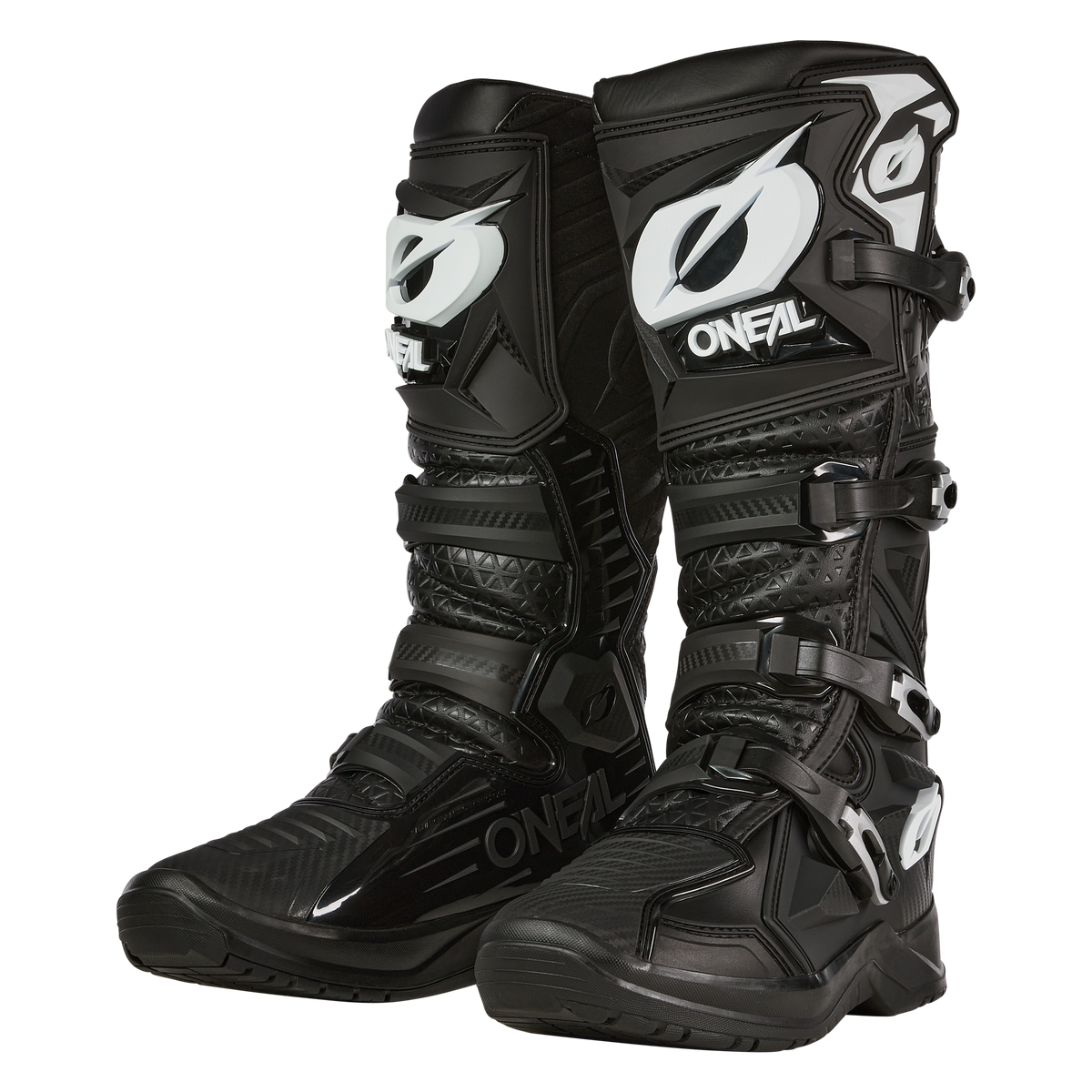 Due stivali O'NEAL RMX PRO neri con marchio bianco, parastinchi rinforzati, inserti strutturati e fibbie multi-regolabili sono affiancati su uno sfondo bianco: l'ideale per le avventure off-road.