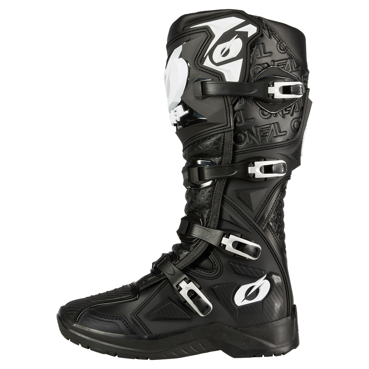Lo stivale O'NEAL RMX PRO è uno stivale da motocross nero con fibbie argentate, protezione tibia rinforzata, motivi geometrici, accattivanti loghi O'NEAL bianchi e una struttura robusta per una protezione affidabile in fuoristrada.